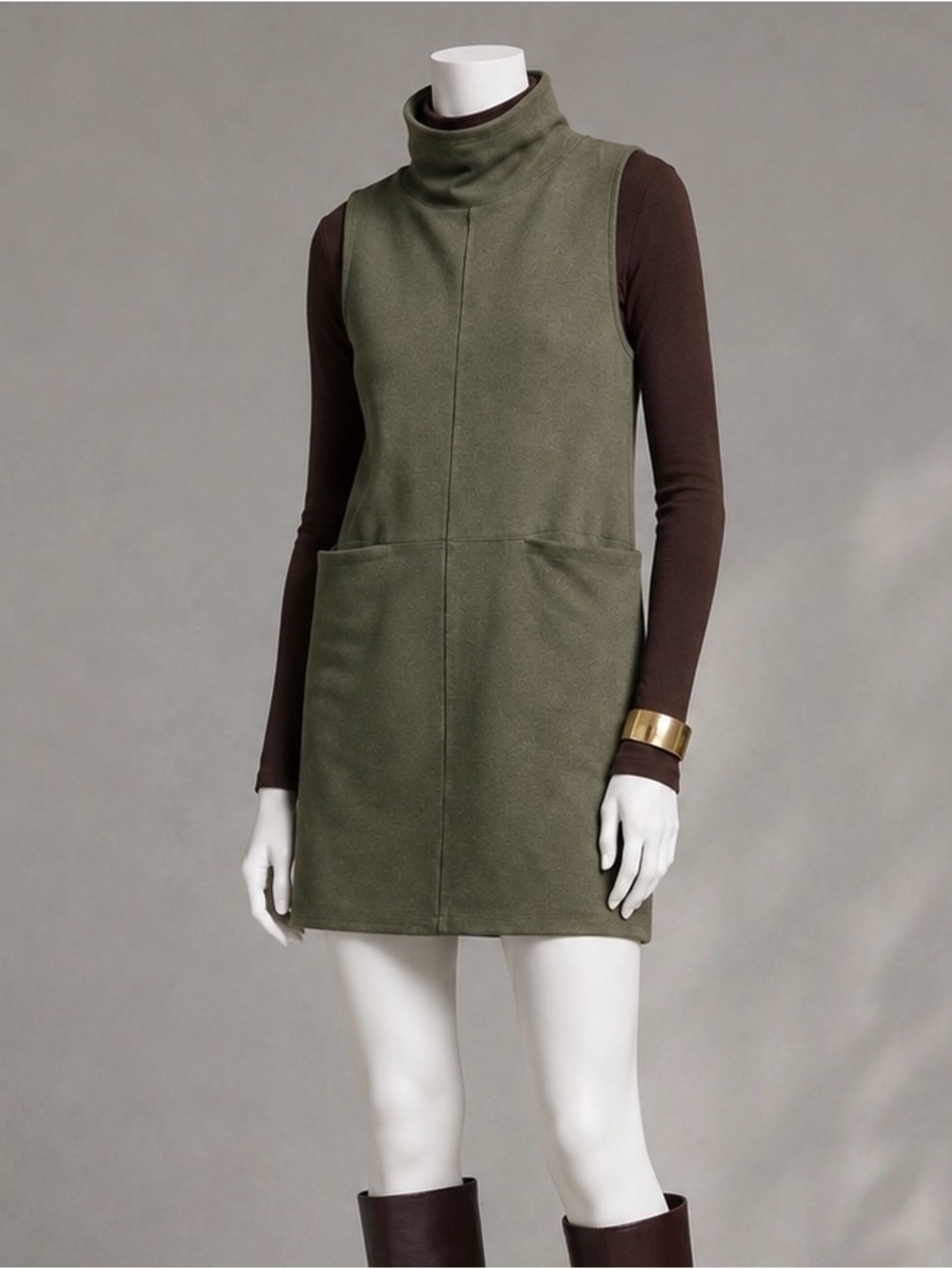 Free People Getaway Shift Dress S Army Green Mock Neck Sleeveless Mod mini